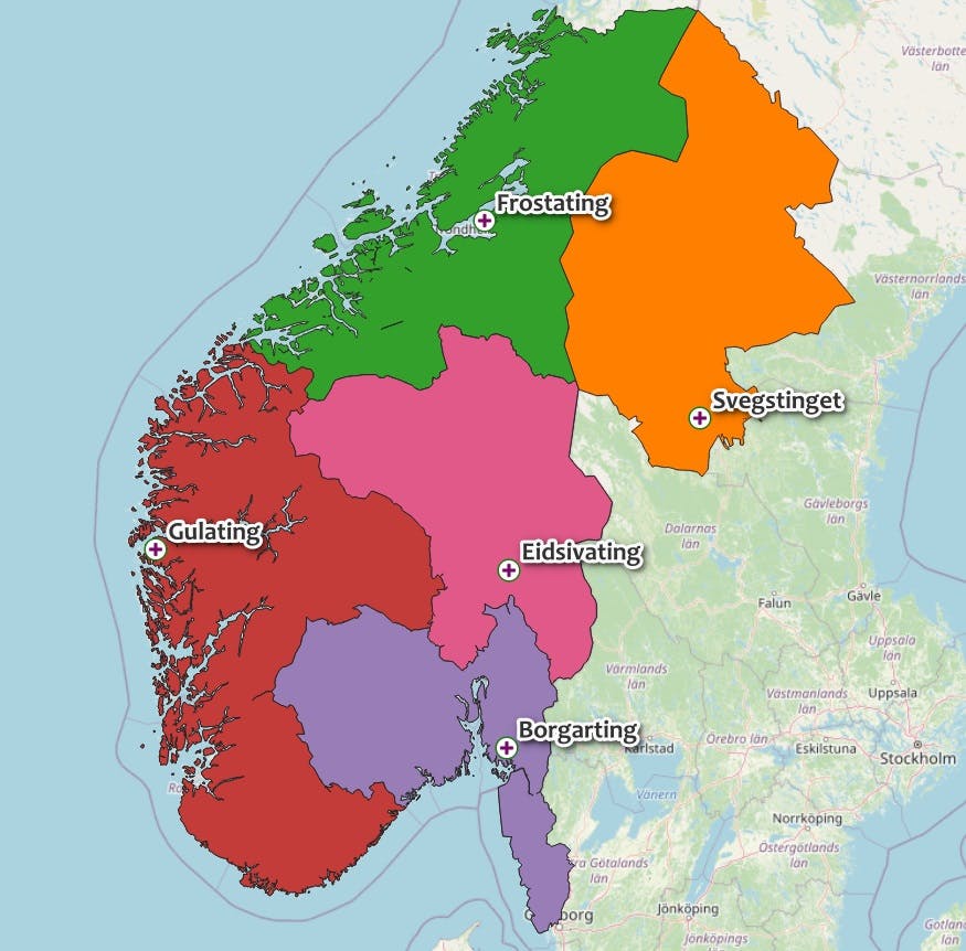 Kart over tingstedene og -distriktene.